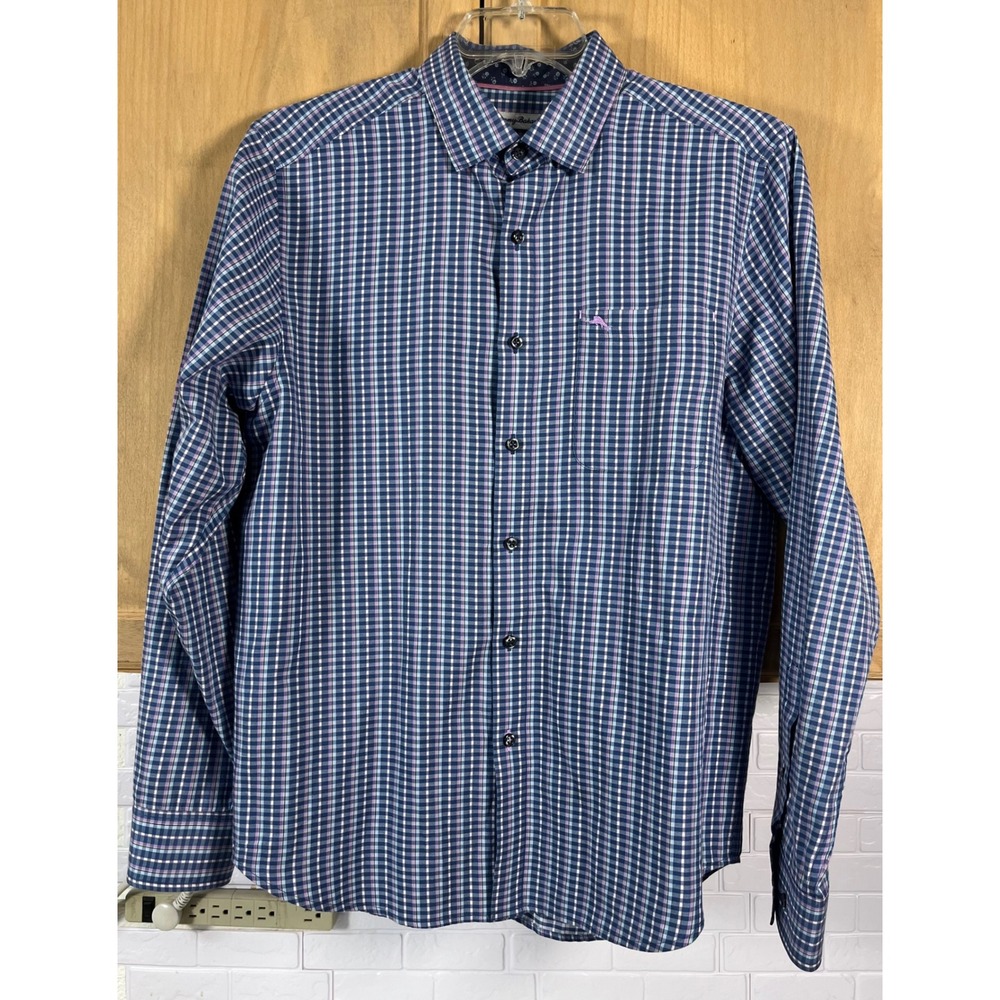 Tommy Bahama Button Down Shirt Mens Medium Blue Pink Plaid Long Sleeve Pocket
